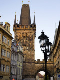 Mala Strana Bridge Tower and Buildings in Mostecka Street at Sunset