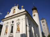 St Michael Parish Church with Tower of Collegiate Church Beyond in Dolomites Mountains
