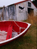 Red Boat Outside Shed with a Stop Whaling Sign