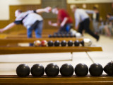 Candlepin Bowling Balls and Bowlers in Action at Sacco's Bowl Haven