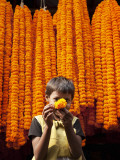 Little Girl Showing Off Marigold That She Stole from Beautiful Strings of Flowers