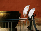 Two Young Women with Umbrellas Standing Beside Water Urn  Forbidden City
