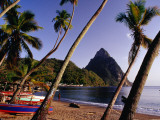 Palm Trees and Fishing Boats on Soufriere Beach with One of the Pitons in the Background