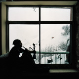 Man Smoking Water Pipe by Window  Alborz Mountain Range