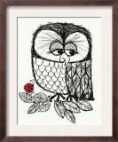 Retro Black and White Owl with Ladybug