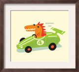 Orange Dino in Green Racecar