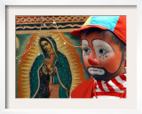 Young Clown  "Bolillito " Stands Next to an Image of the Virgin of Guadalupe in Mexico City