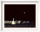 The Earth Hangs in the Low Lunar Sky as a Sleek Moonship Lifts Off from the Lunar Hills