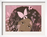 Woman Against Pink Background with Pink Flowers and Butterflies