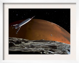 A Spaceship in Orbit over Mars Moon  Phobos  with the Red Planet Mars in the Background