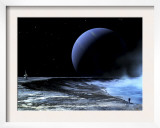 Astronaut Standing on the Edge of a Lake of Liquid Methane at the Bottom of a Large Impact Crater