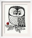 Retro Black and White Owl with Ladybug
