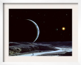 A Lone Explorer Follows an Ancient Riverbed While His Planet Floats in the Black Star-Filled Sky