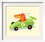 Orange Dino in Green Racecar