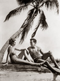 Smiling Couple Man Woman Under Palm Tree Bathing Suits Florida