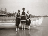 Man and Two Women Posing in Bathing Suits  in Front of Boat  in Atlantic City