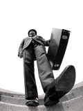 Fish Eye Angle of Salesman Walking Down Stairs