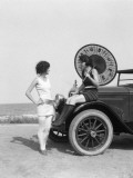 Pair of Women in Old Fashioned Bathing Suits at Beach