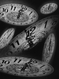 Six Clock Faces Floating at Various Angles  All Reading 11:59 PM