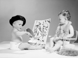 Two Babies  One Wearing Beret and Holding Artist 's Palette  the Other Sitting on Chair