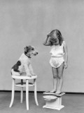 Girl Standing on Scales  Reading Weight  Terrier Dog Sitting on Stool