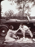 Couple Picnicking  Man Sitting on Car Runningboard