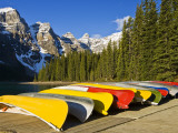 Moraine Lake and Rental Canoes Stacked  Banff National Park  Alberta  Canada