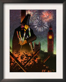 Fireworks with the Parliament in the Background and Fireworks Exploding in the Sky