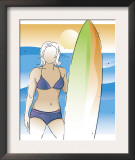 A Blank-Faced Female Standing on a Beach Holding up a Surfboard