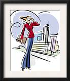 A Caucasian Woman Talking on a Cell Phone with a City in the Background