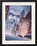 Old Man Winter Blowing Bad Weather into a City