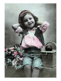 Paris  France - Little Girl with Flowers and Lunch Basket