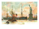 Painting  Cunard Line Ship Passing Statue of Liberty  New York City