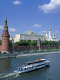 The Kremlin and Moskva River with Tourist Boat  Moscow  Russia