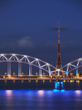 Railway Bridge across Daugava River with Tv Tower in Background  Riga  Latvia
