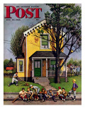 "Baseball Player Mowing the Lawn " Saturday Evening Post Cover  July 20  1946
