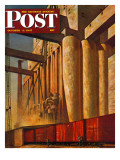 "Boxcars at Grain Elevators " Saturday Evening Post Cover  October 4  1947