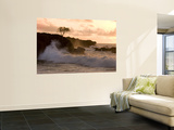 Sunset at Waimea Bay  with Waves Crashing Against Rocks