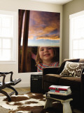 Portrait of Young Girl at Window with Reflection of Clouds at Sunset