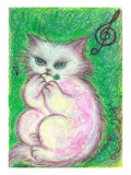 White Cat Found Clover of Happiness of Four Leaves
