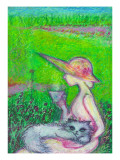 Lady and Cat on Teatime in Field
