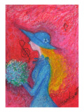 A Blue Hat and Dress Girl Holds Blue Bouquet
