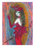 Woman with a Smile Putting on Favorite Crimson Hat and Dress