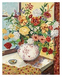 Flowers in Red and White Vase