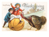 Greetings  Children with Turkey and Pumpkin