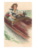 Girl in Motorboat with Terrier