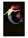 Topless Mermaid with Angel Fish