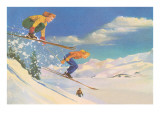 Two Women on Skis Leaping over the Snow
