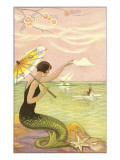 Mermaid with Parasol Waving to Rower