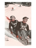 Anxious Looking Woman on Back of Toboggan